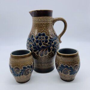 Vintage Marzi Remy Blue Salt Glaze Wine Pitcher Jug With 2 Cups Germany